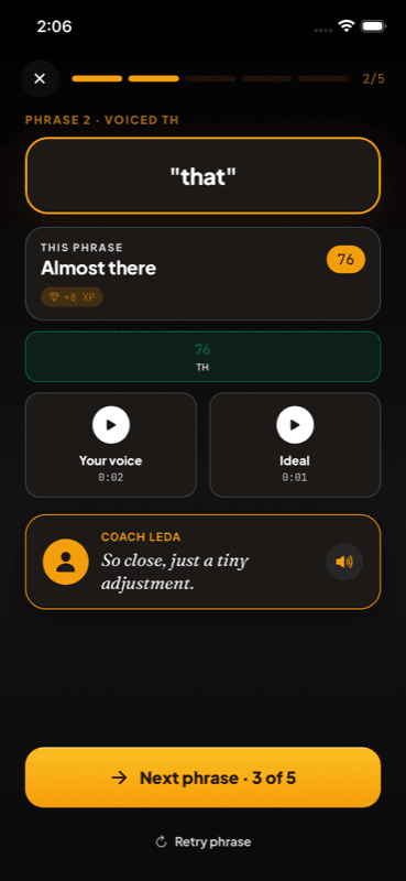 DuoAccent in-drill — phrase prompt with your-voice vs ideal playback and live coach feedback
