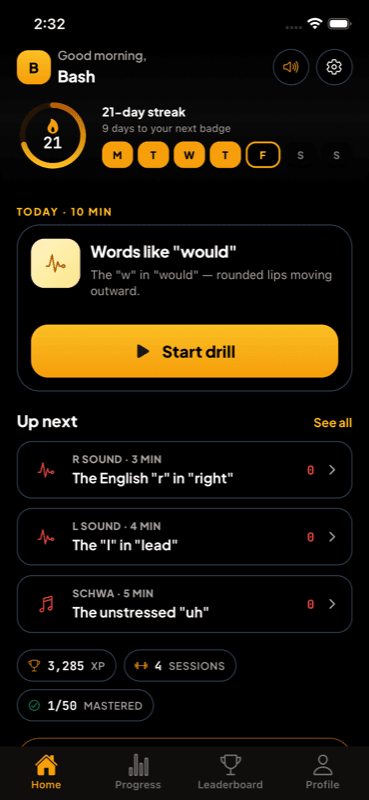 DuoAccent training home — daily drill queue, 21-day streak, today's drill